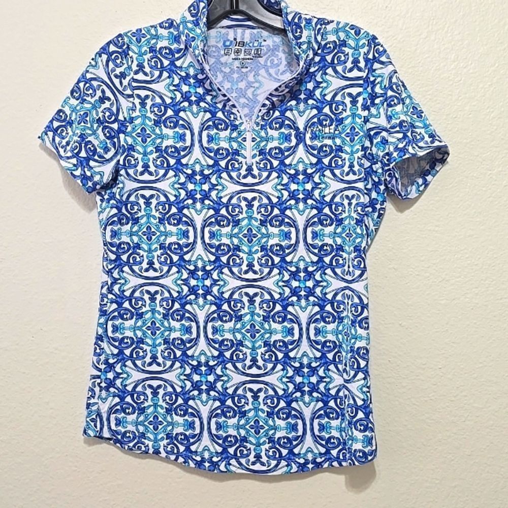 IBKUL Short Sleeve Top Moroccan Tile‎ Blue Golf tennis Preppy Resort New  S